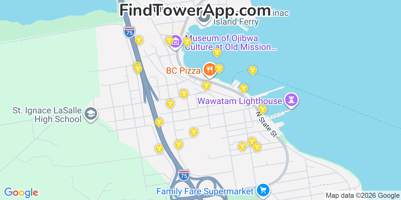 Map showing the 20 primary cell tower locations detected in Saint Ignace, Michigan from AT&T, Verizon, and T-Mobile networks