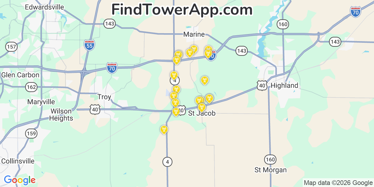 Map showing the 20 primary cell tower locations detected in Saint Jacob, Illinois from AT&T, Verizon, and T-Mobile networks