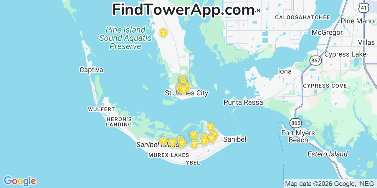 Map showing the 20 primary cell tower locations detected in Saint James City, Florida from AT&T, Verizon, and T-Mobile networks