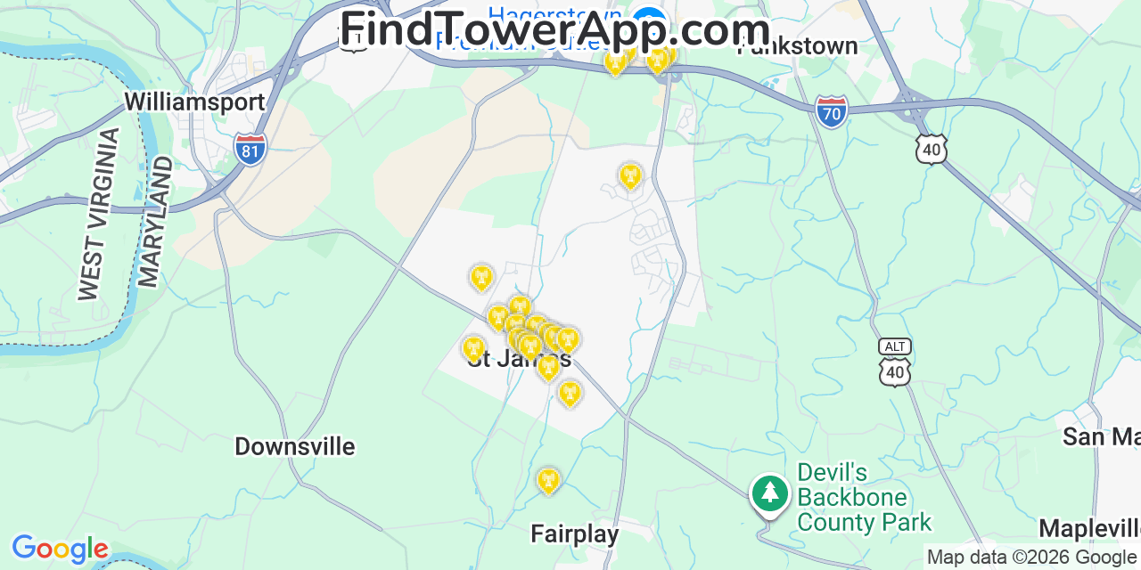 Map showing the 20 primary cell tower locations detected in Saint James, Maryland from AT&T, Verizon, and T-Mobile networks