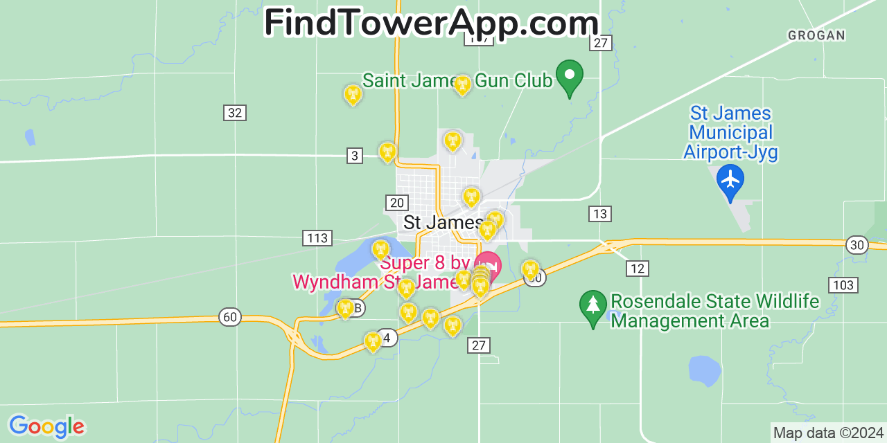 AT&T 4G/5G cell tower coverage map Saint James, Minnesota