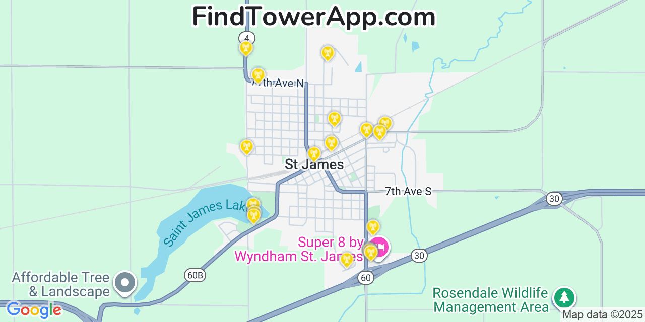 Map showing the 20 primary cell tower locations detected in Saint James, Minnesota from AT&T, Verizon, and T-Mobile networks