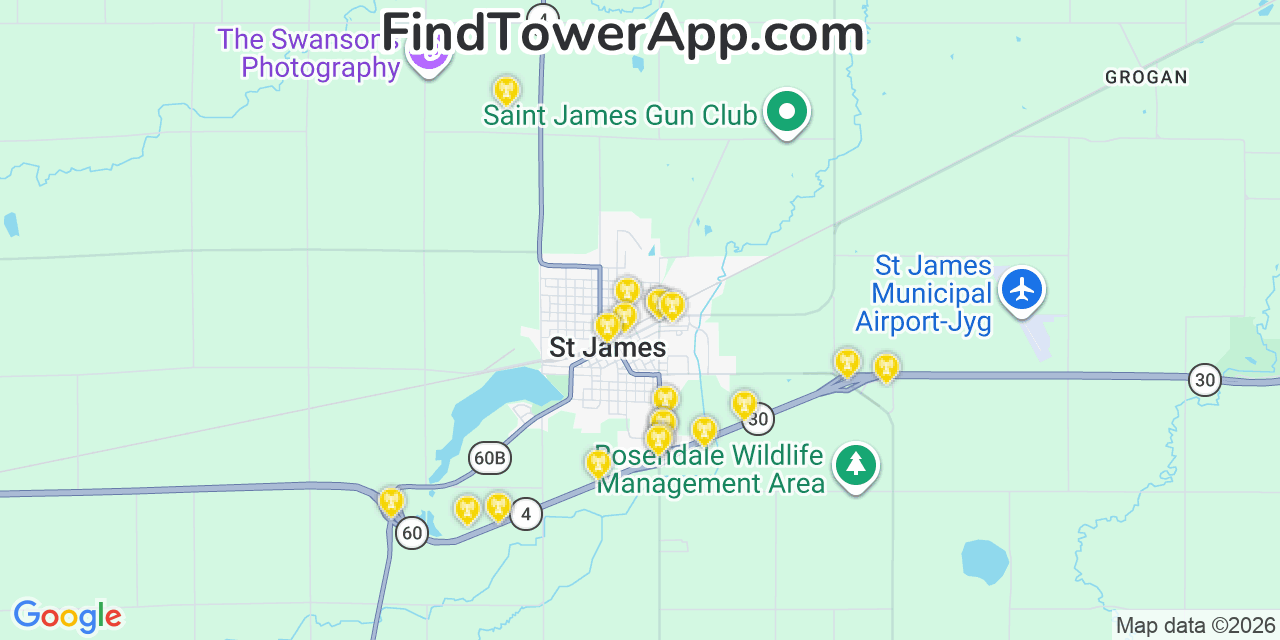 Map showing the 20 primary cell tower locations detected in Saint James, Minnesota from AT&T, Verizon, and T-Mobile networks