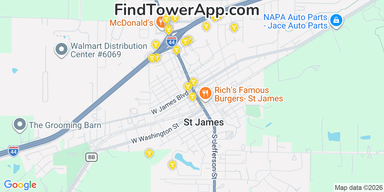 Map showing the 20 primary cell tower locations detected in Saint James, Missouri from AT&T, Verizon, and T-Mobile networks