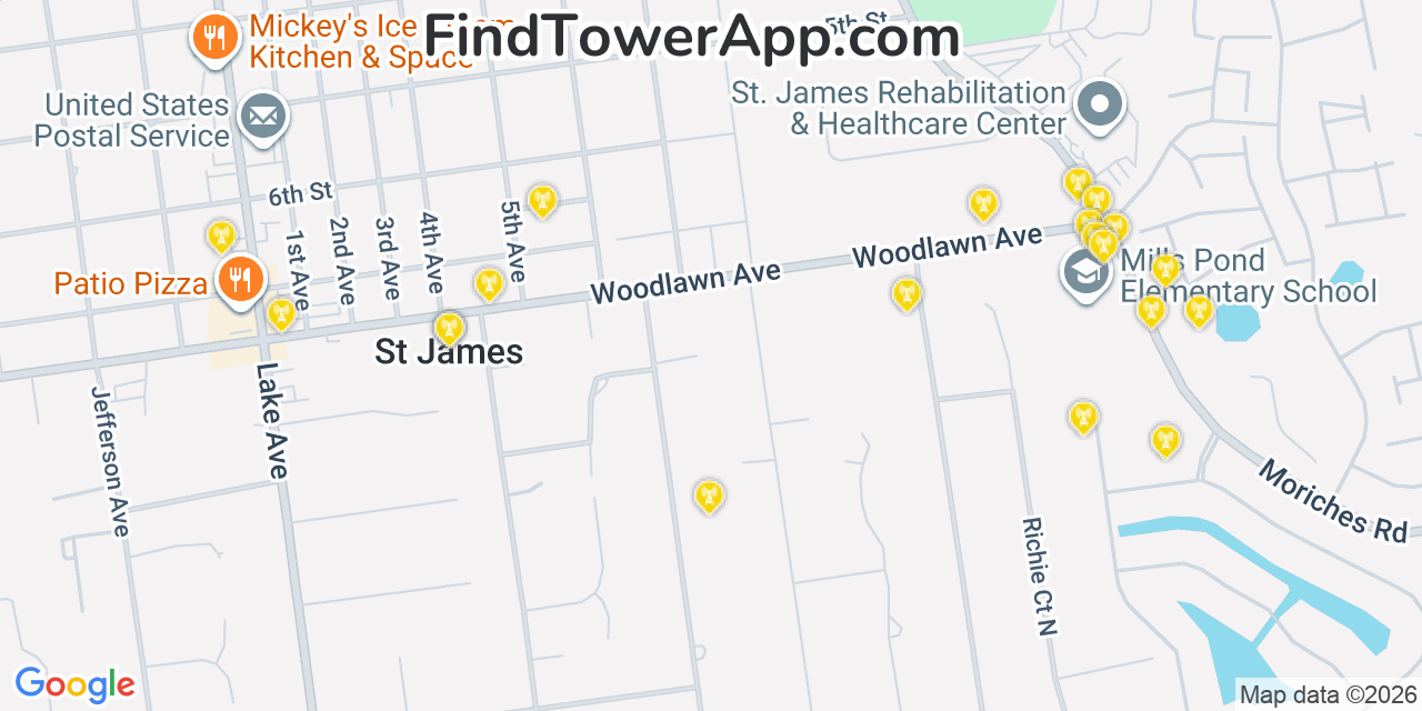Map showing the 20 primary cell tower locations detected in Saint James, New York from AT&T, Verizon, and T-Mobile networks