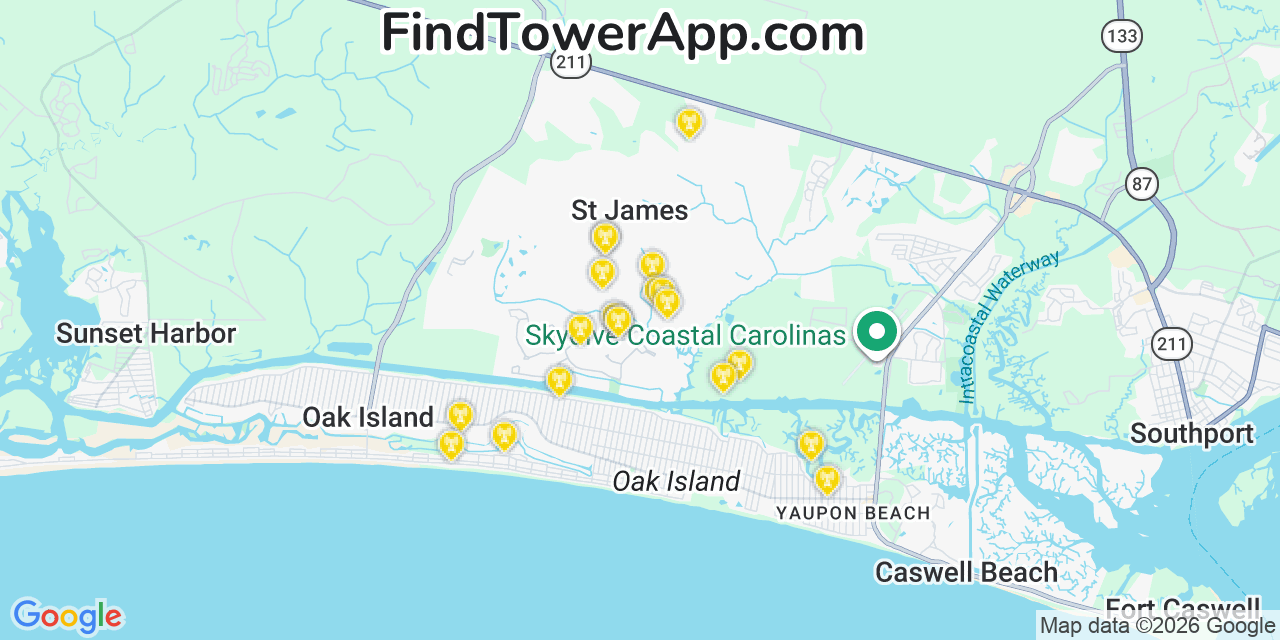 Map showing the 20 primary cell tower locations detected in Saint James, North Carolina from AT&T, Verizon, and T-Mobile networks