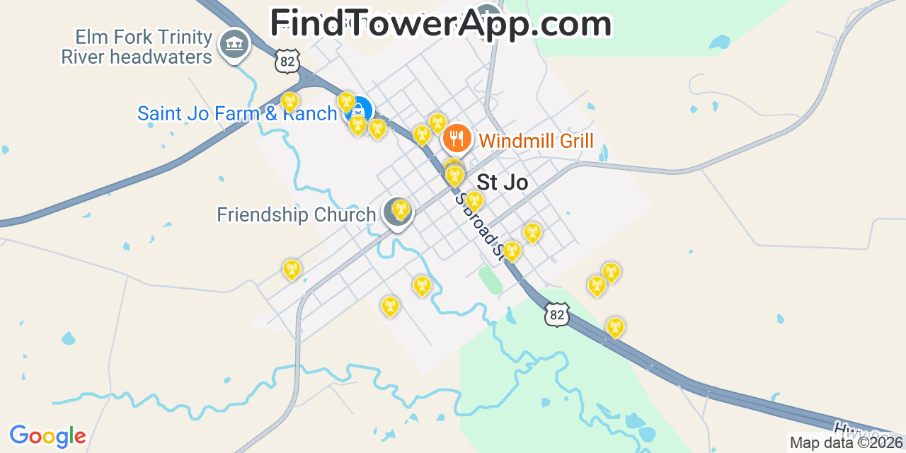 Map showing the 20 primary cell tower locations detected in Saint Jo, Texas from AT&T, Verizon, and T-Mobile networks
