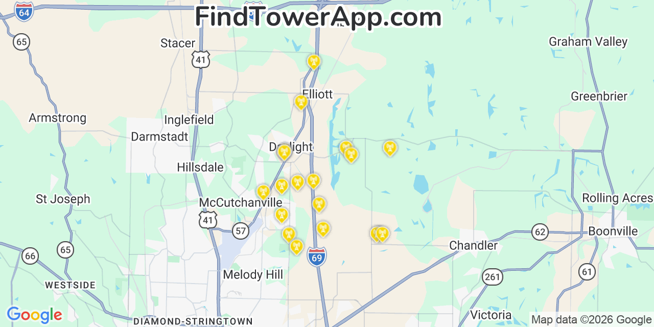 Map showing the 20 primary cell tower locations detected in Saint John, Indiana from AT&T, Verizon, and T-Mobile networks