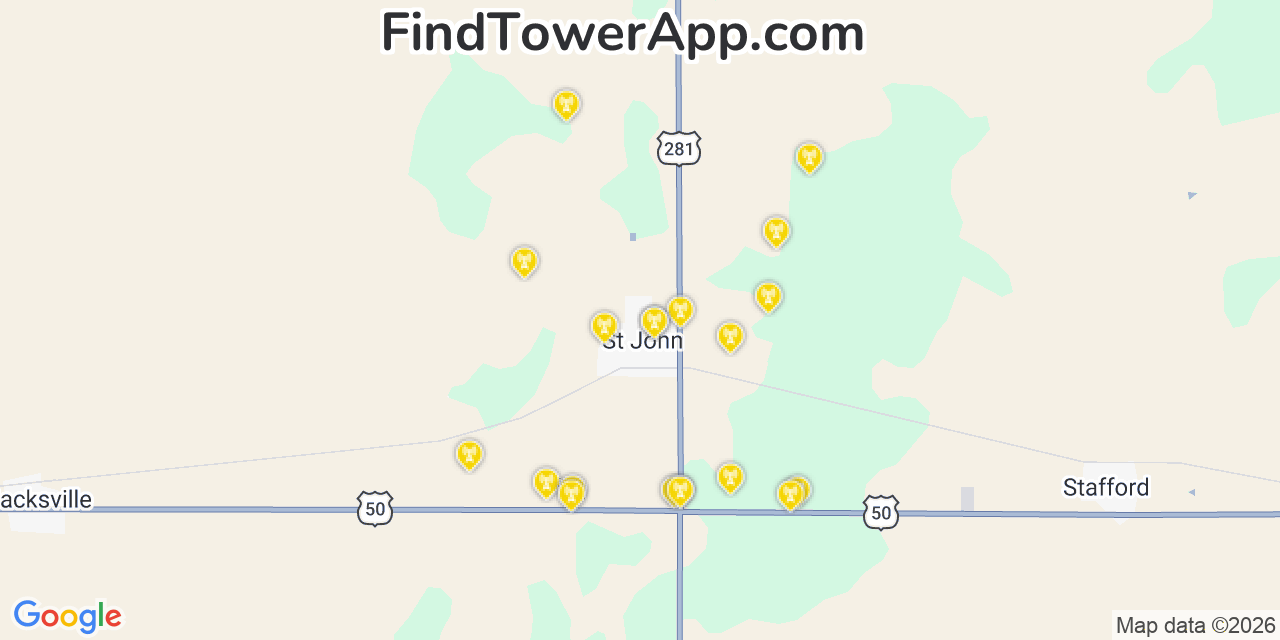 Map showing the 20 primary cell tower locations detected in Saint John, Kansas from AT&T, Verizon, and T-Mobile networks