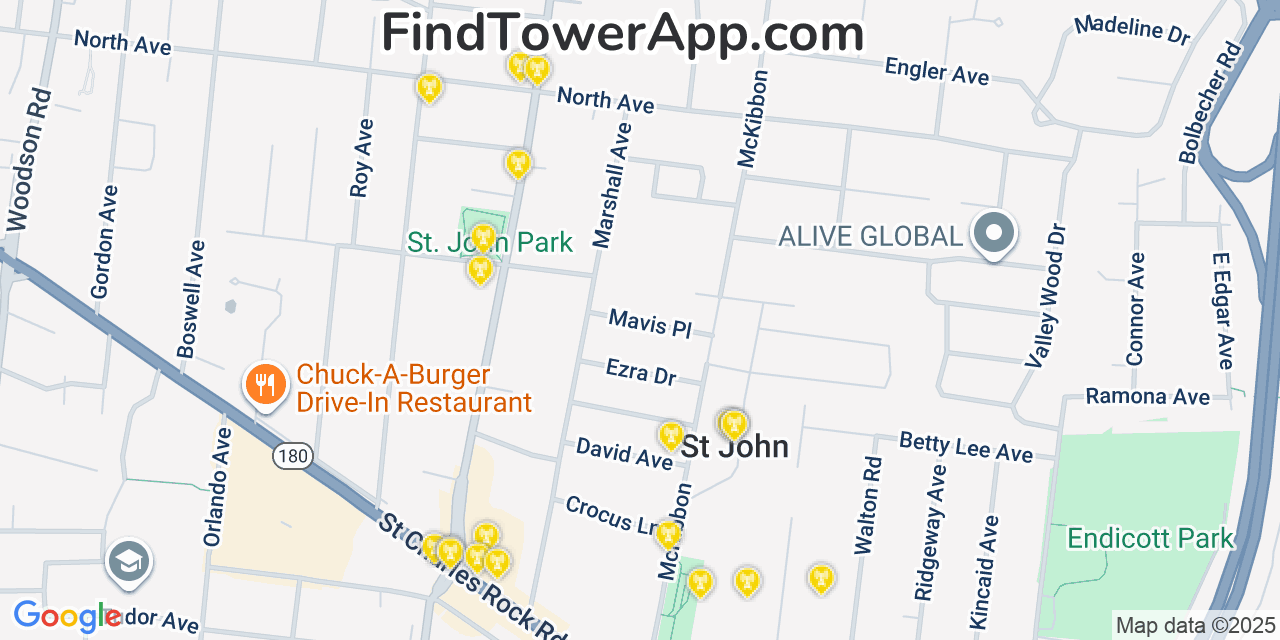Map showing the 20 primary cell tower locations detected in Saint John, Missouri from AT&T, Verizon, and T-Mobile networks