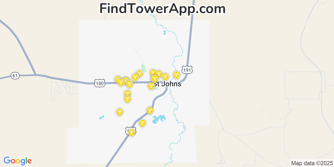 Map showing the 20 primary cell tower locations detected in Saint Johns, Arizona from AT&T, Verizon, and T-Mobile networks