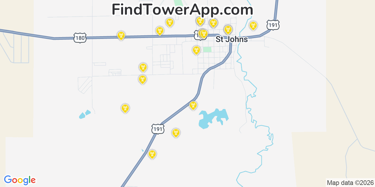 Map showing the 20 primary cell tower locations detected in Saint Johns, Arizona from AT&T, Verizon, and T-Mobile networks