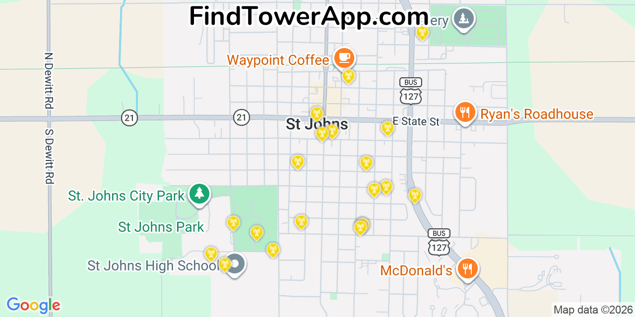 Map showing the 20 primary cell tower locations detected in Saint Johns, Michigan from AT&T, Verizon, and T-Mobile networks