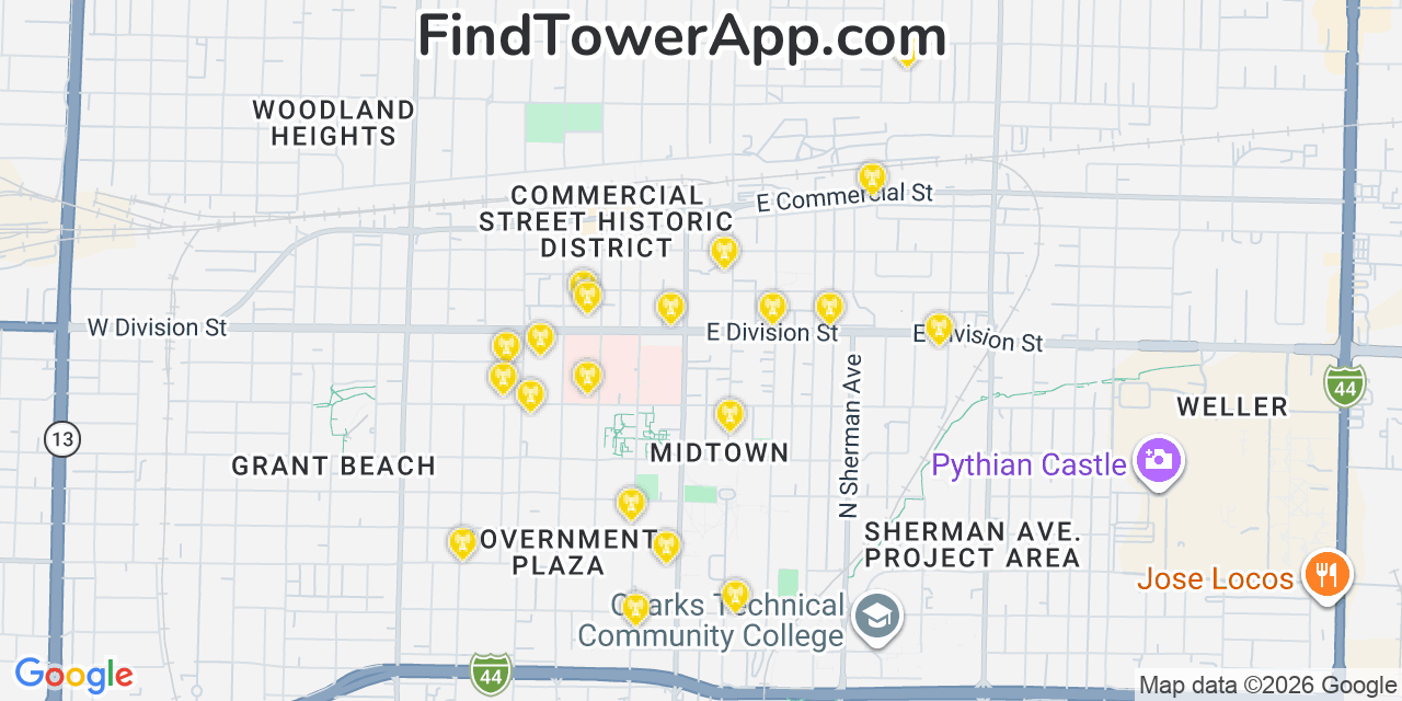 Map showing the 20 primary cell tower locations detected in Saint Johns, Missouri from AT&T, Verizon, and T-Mobile networks