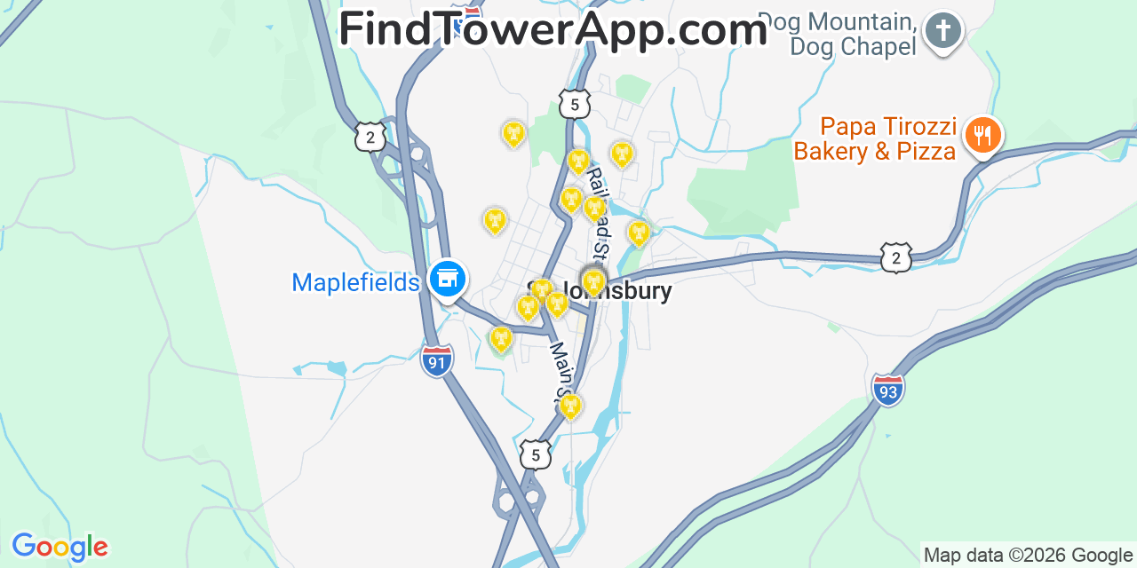 Map showing the 20 primary cell tower locations detected in Saint Johnsbury, Vermont from AT&T, Verizon, and T-Mobile networks