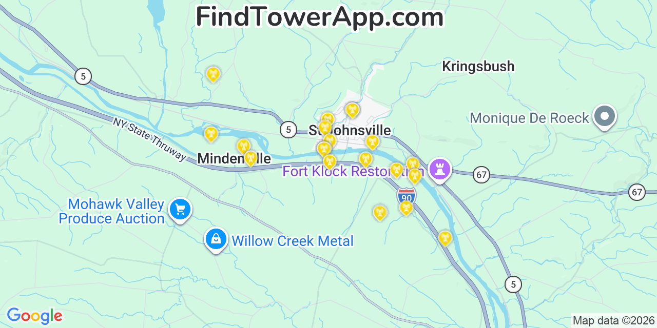 Map showing the 20 primary cell tower locations detected in Saint Johnsville, New York from AT&T, Verizon, and T-Mobile networks