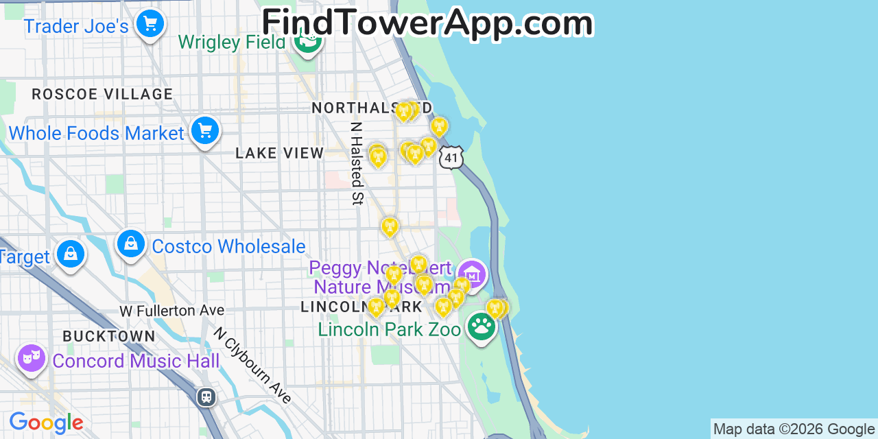 Map showing the 20 primary cell tower locations detected in Saint Joseph, Illinois from AT&T, Verizon, and T-Mobile networks