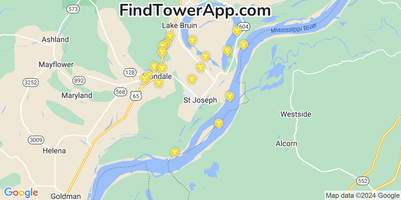 AT&T 4G/5G cell tower coverage map Saint Joseph, Louisiana