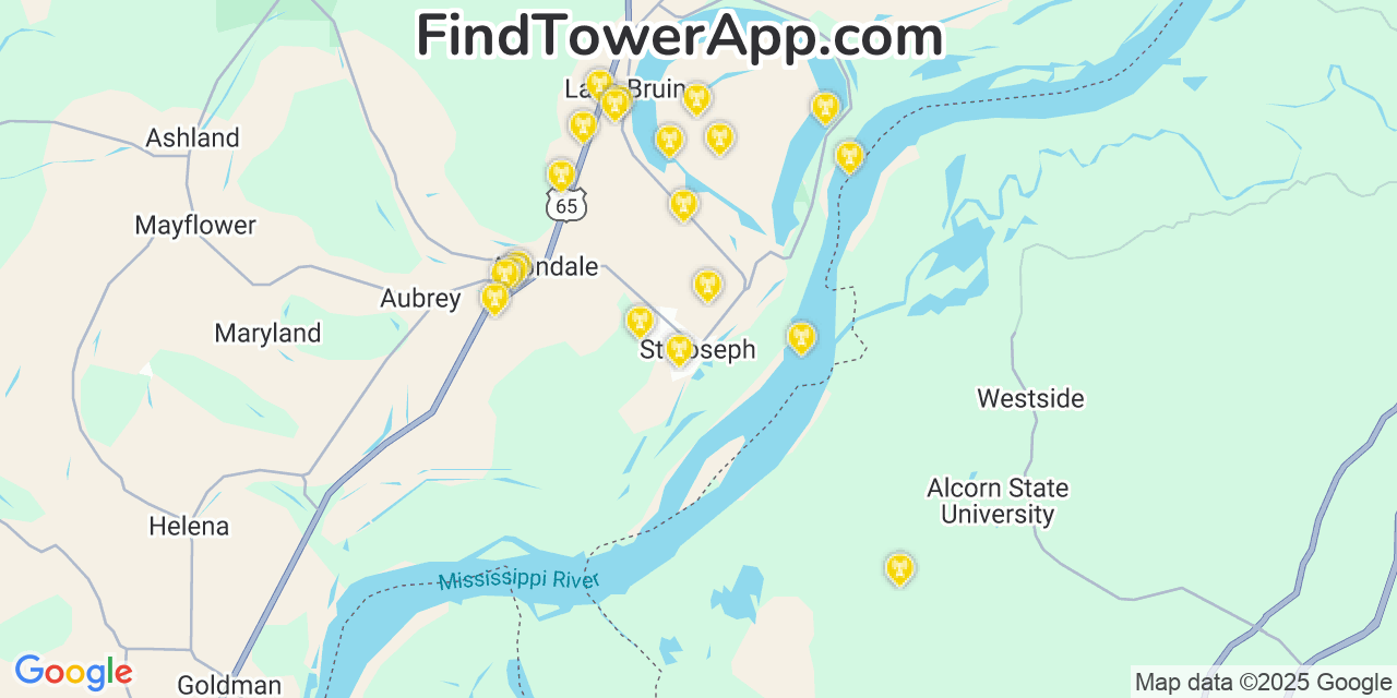 Map showing the 20 primary cell tower locations detected in Saint Joseph, Louisiana from AT&T, Verizon, and T-Mobile networks