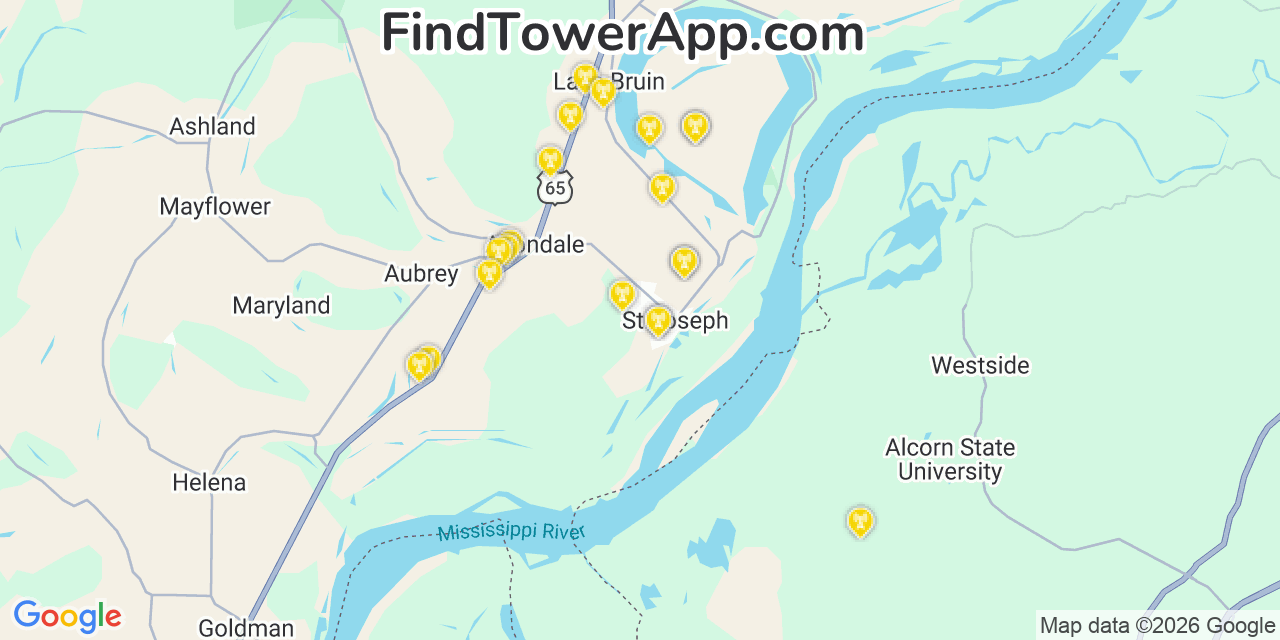 Map showing the 20 primary cell tower locations detected in Saint Joseph, Louisiana from AT&T, Verizon, and T-Mobile networks