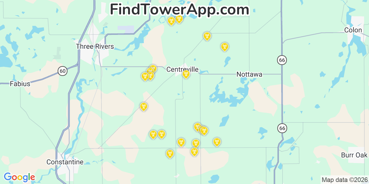 Map showing the 20 primary cell tower locations detected in Saint Joseph, Michigan from AT&T, Verizon, and T-Mobile networks