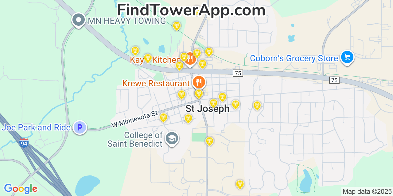 Map showing the 20 primary cell tower locations detected in Saint Joseph, Minnesota from AT&T, Verizon, and T-Mobile networks