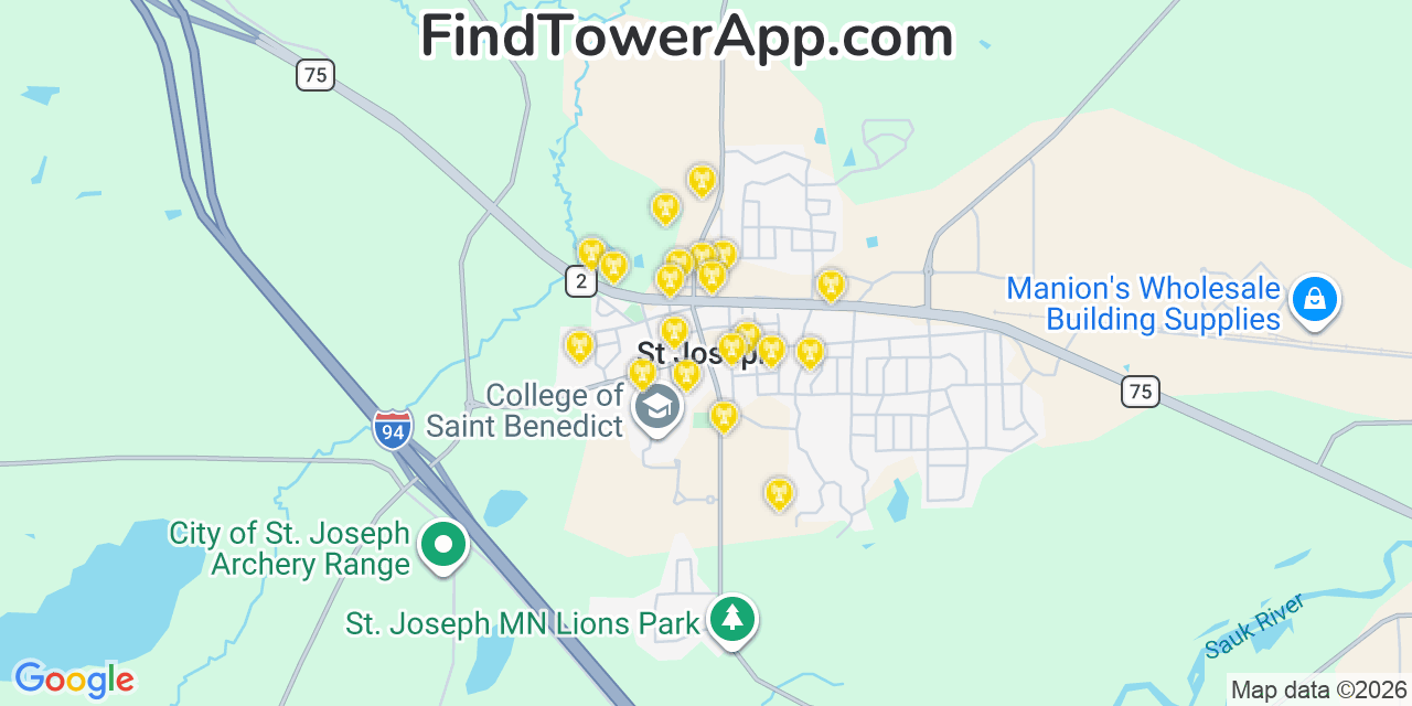 Map showing the 20 primary cell tower locations detected in Saint Joseph, Minnesota from AT&T, Verizon, and T-Mobile networks