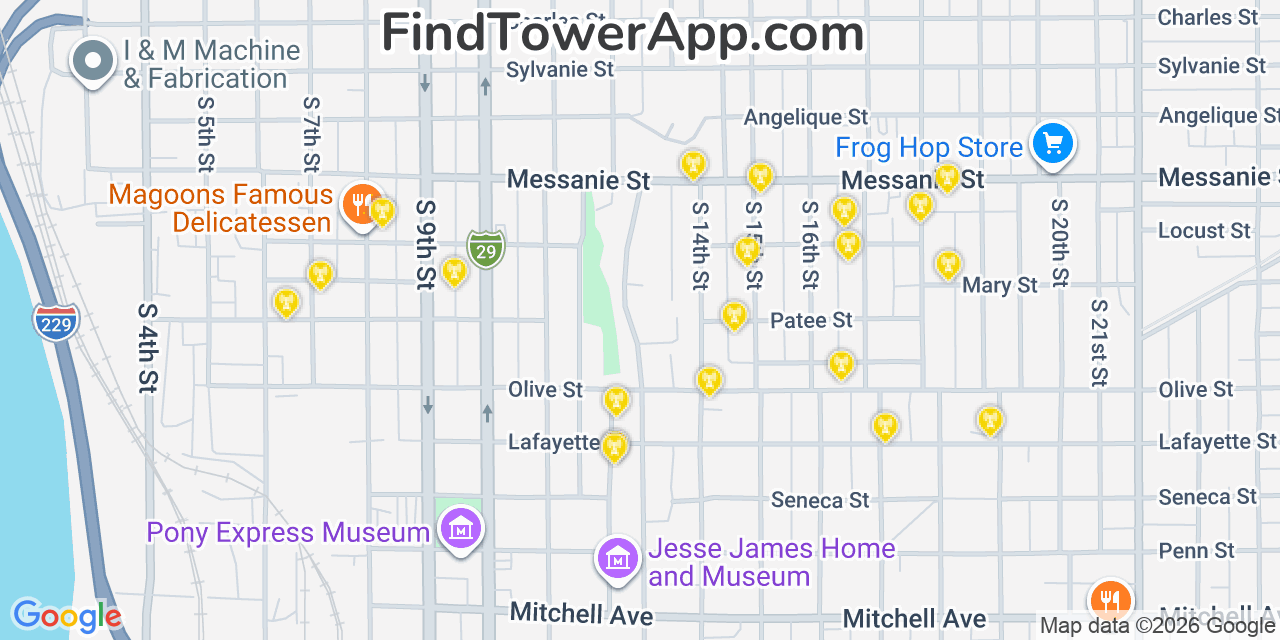Map showing the 20 primary cell tower locations detected in Saint Joseph, Missouri from AT&T, Verizon, and T-Mobile networks