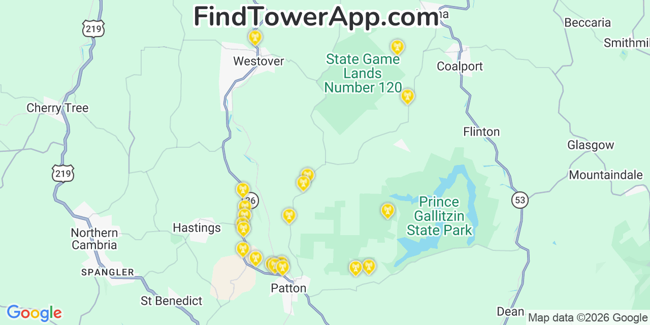 Map showing the 20 primary cell tower locations detected in Saint Lawrence, Pennsylvania from AT&T, Verizon, and T-Mobile networks
