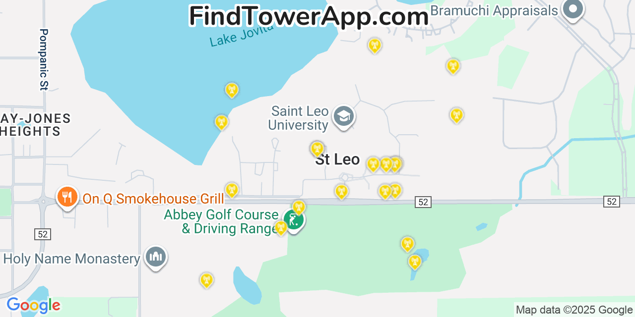 Map showing the 20 primary cell tower locations detected in Saint Leo, Florida from AT&T, Verizon, and T-Mobile networks