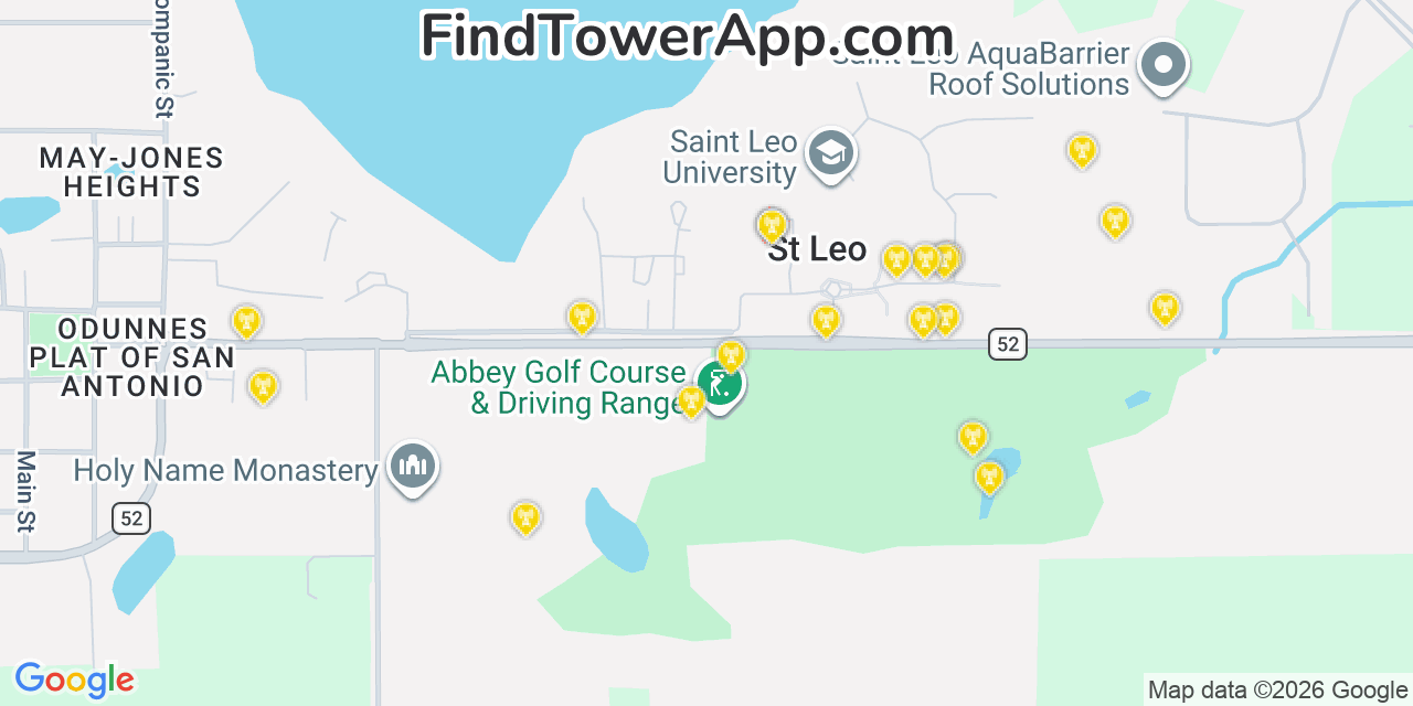 Map showing the 20 primary cell tower locations detected in Saint Leo, Florida from AT&T, Verizon, and T-Mobile networks