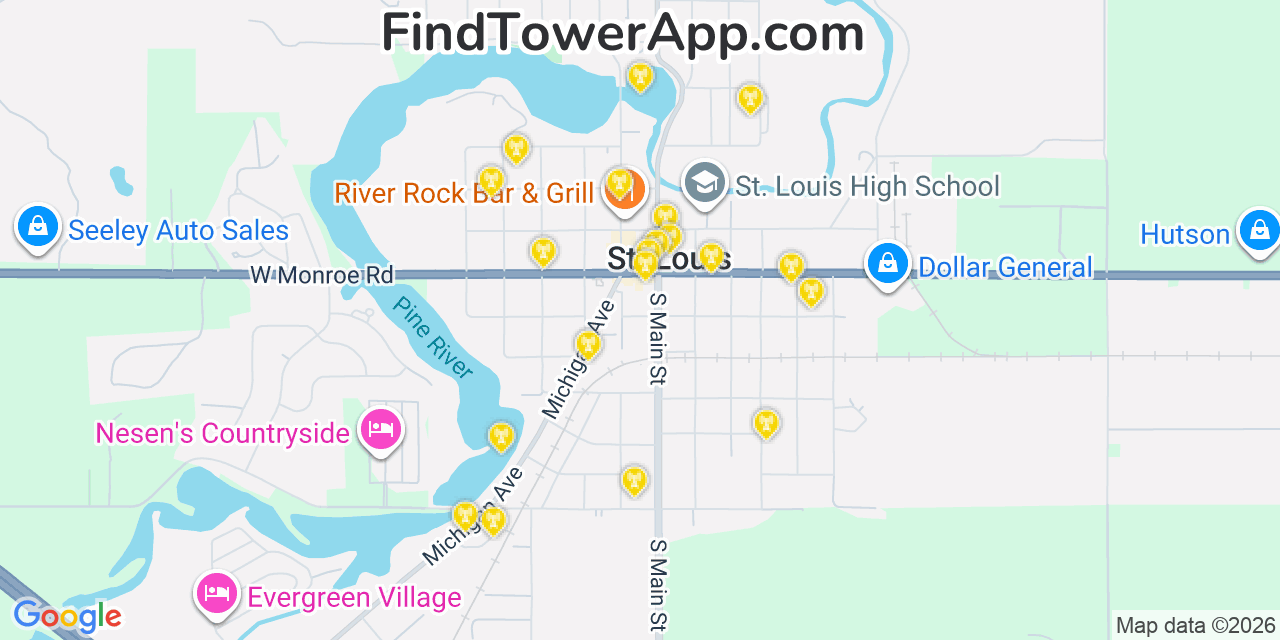 Map showing the 20 primary cell tower locations detected in Saint Louis, Michigan from AT&T, Verizon, and T-Mobile networks
