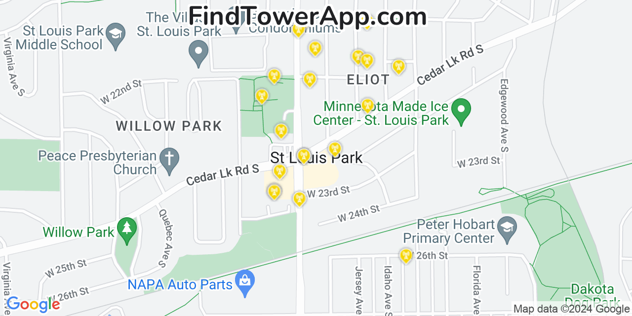 AT&T 4G/5G cell tower coverage map Saint Louis Park, Minnesota