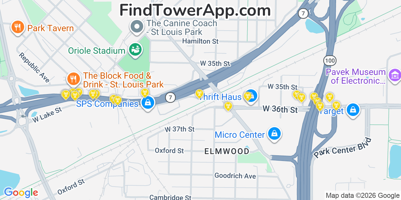 Map showing the 20 primary cell tower locations detected in Saint Louis Park, Minnesota from AT&T, Verizon, and T-Mobile networks