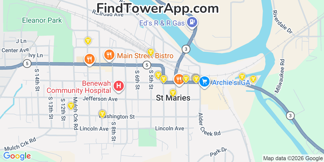 Map showing the 20 primary cell tower locations detected in Saint Maries, Idaho from AT&T, Verizon, and T-Mobile networks