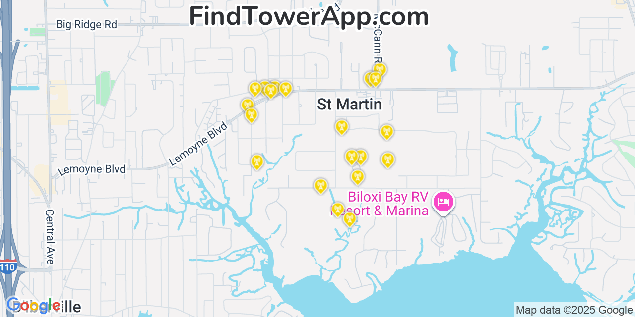 Map showing the 20 primary cell tower locations detected in Saint Martin, Mississippi from AT&T, Verizon, and T-Mobile networks