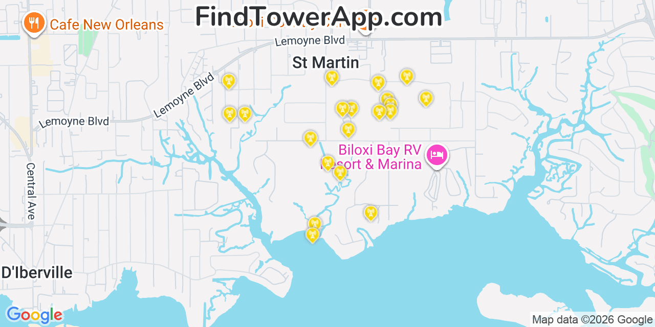 Map showing the 20 primary cell tower locations detected in Saint Martin, Mississippi from AT&T, Verizon, and T-Mobile networks