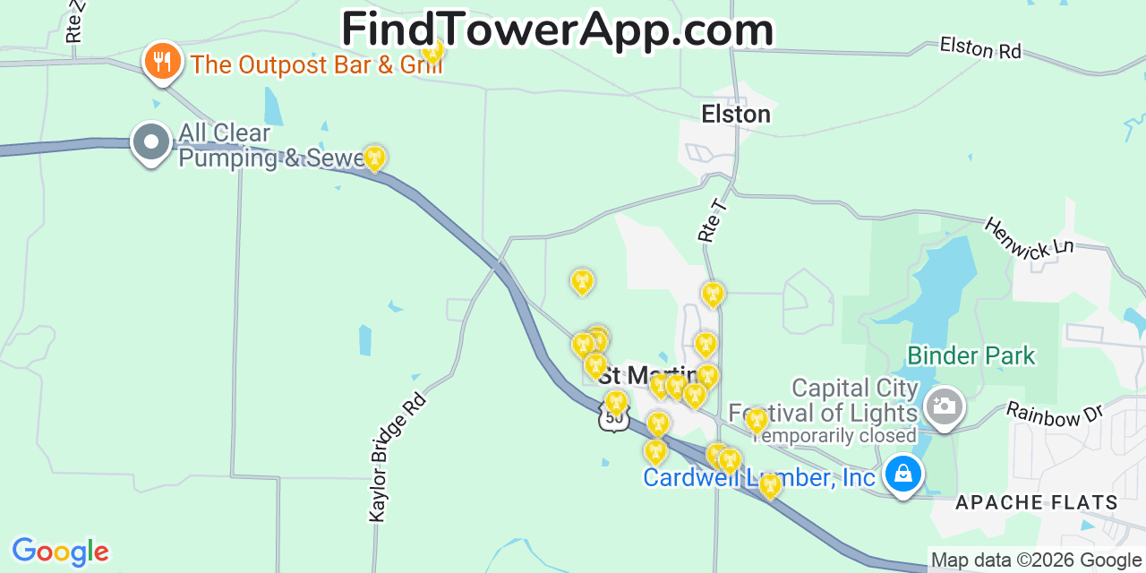 Map showing the 20 primary cell tower locations detected in Saint Martins, Missouri from AT&T, Verizon, and T-Mobile networks