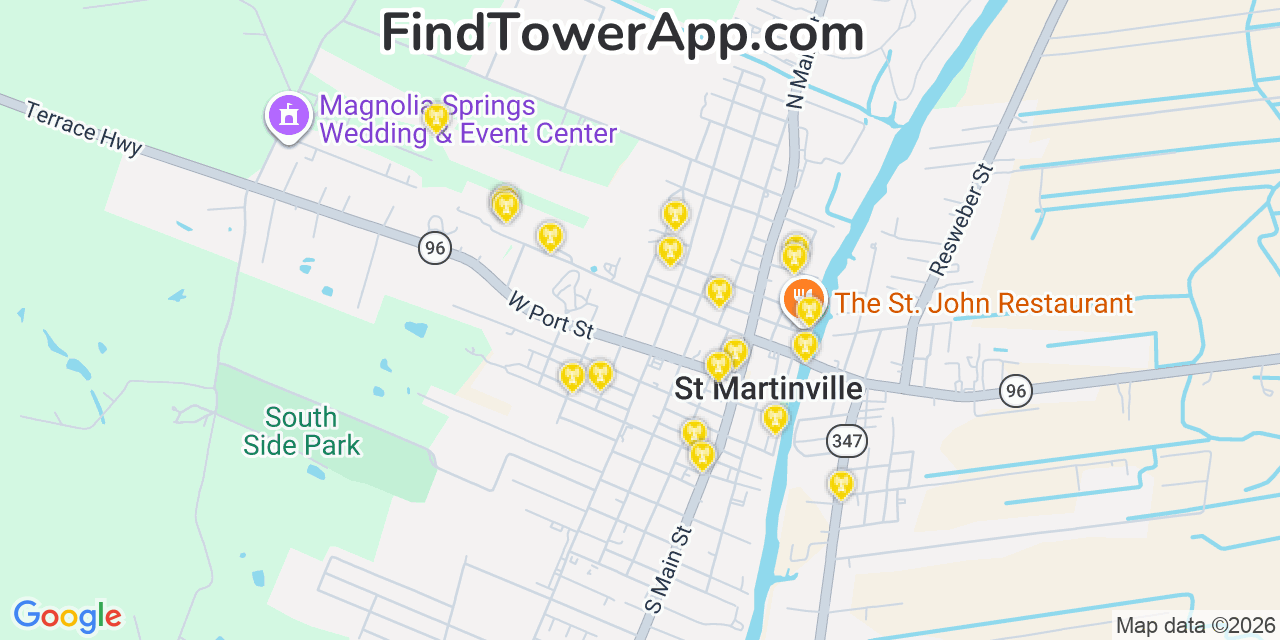 Map showing the 20 primary cell tower locations detected in Saint Martinville, Louisiana from AT&T, Verizon, and T-Mobile networks