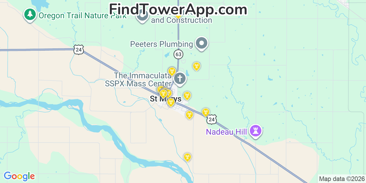 Map showing the 20 primary cell tower locations detected in Saint Marys, Kansas from AT&T, Verizon, and T-Mobile networks