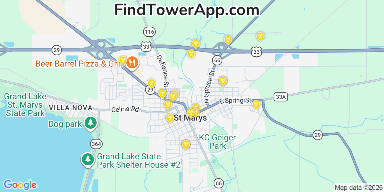 Map showing the 20 primary cell tower locations detected in Saint Marys, Ohio from AT&T, Verizon, and T-Mobile networks