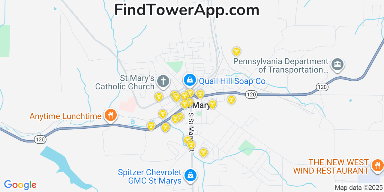 Map showing the 20 primary cell tower locations detected in Saint Marys, Pennsylvania from AT&T, Verizon, and T-Mobile networks