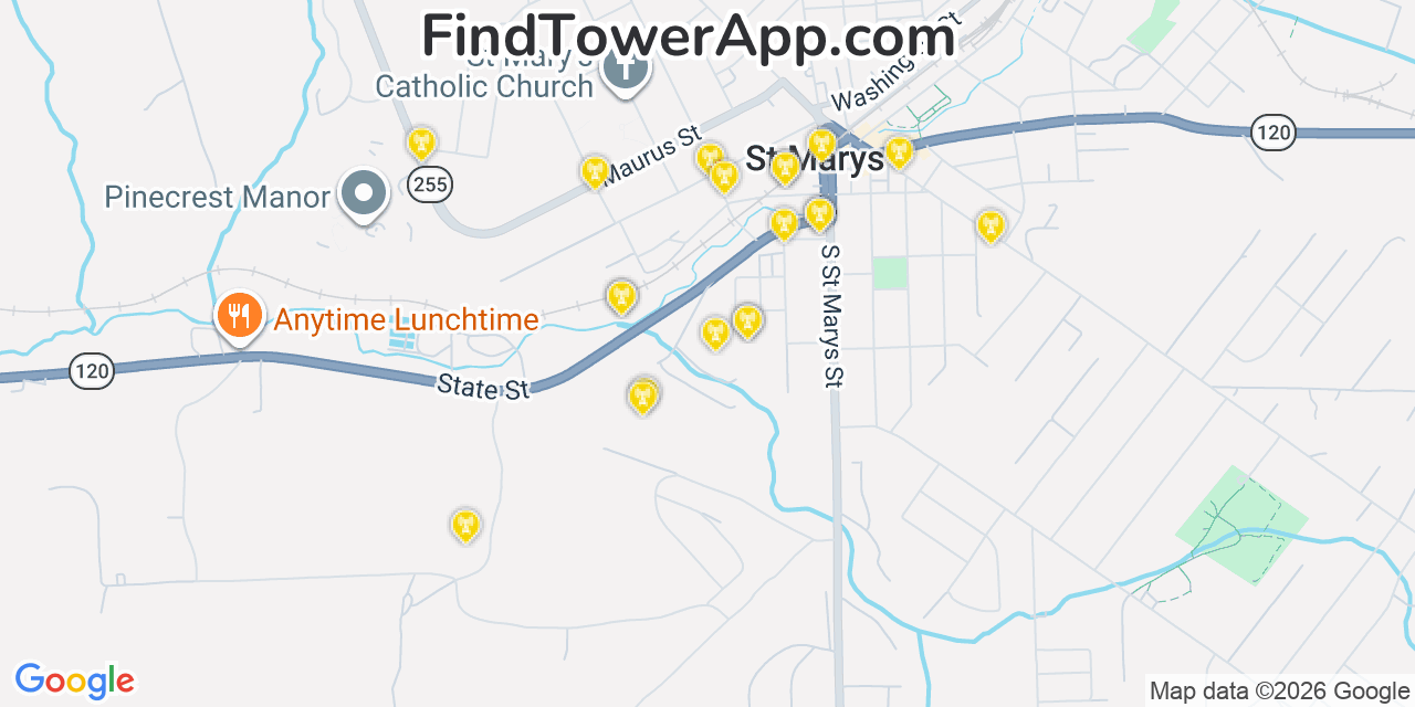 Map showing the 20 primary cell tower locations detected in Saint Marys, Pennsylvania from AT&T, Verizon, and T-Mobile networks