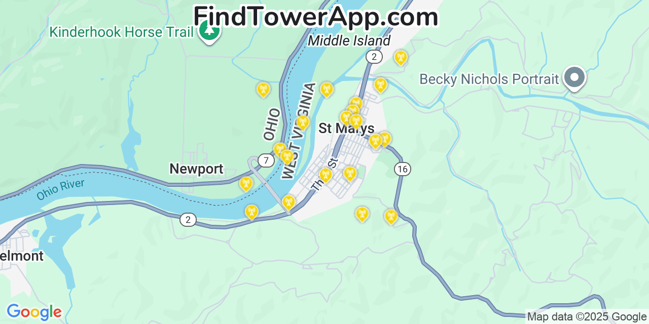 Map showing the 20 primary cell tower locations detected in Saint Marys, West Virginia from AT&T, Verizon, and T-Mobile networks