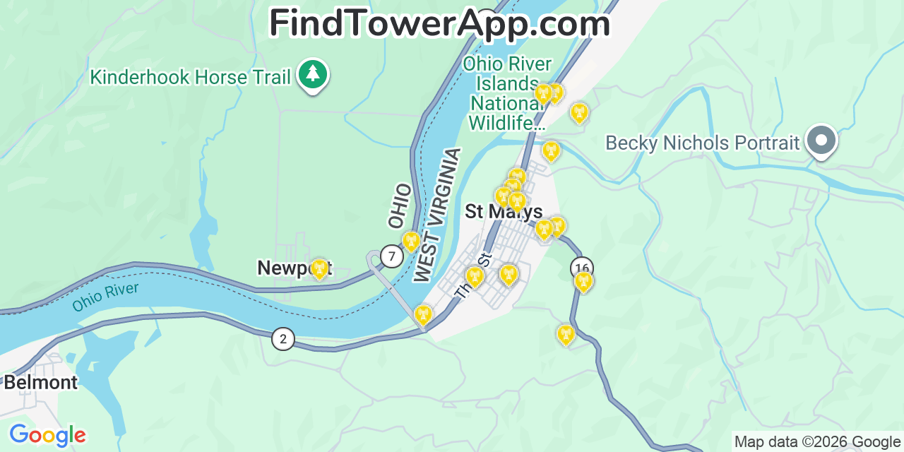 Map showing the 20 primary cell tower locations detected in Saint Marys, West Virginia from AT&T, Verizon, and T-Mobile networks