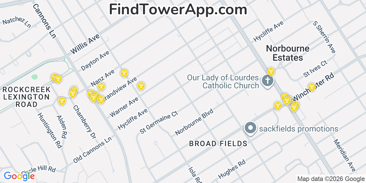 Map showing the 20 primary cell tower locations detected in Saint Matthews, Kentucky from AT&T, Verizon, and T-Mobile networks