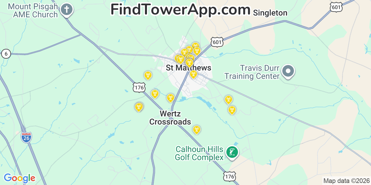 Map showing the 20 primary cell tower locations detected in Saint Matthews, South Carolina from AT&T, Verizon, and T-Mobile networks