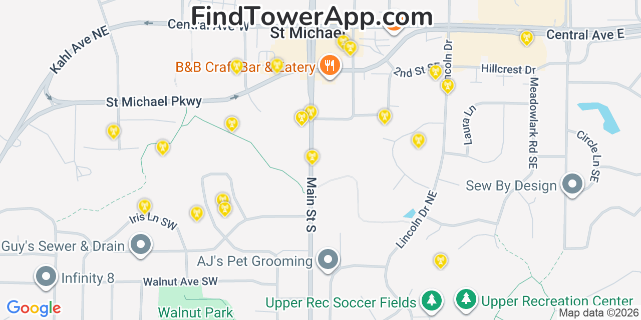 Map showing the 20 primary cell tower locations detected in Saint Michael, Minnesota from AT&T, Verizon, and T-Mobile networks
