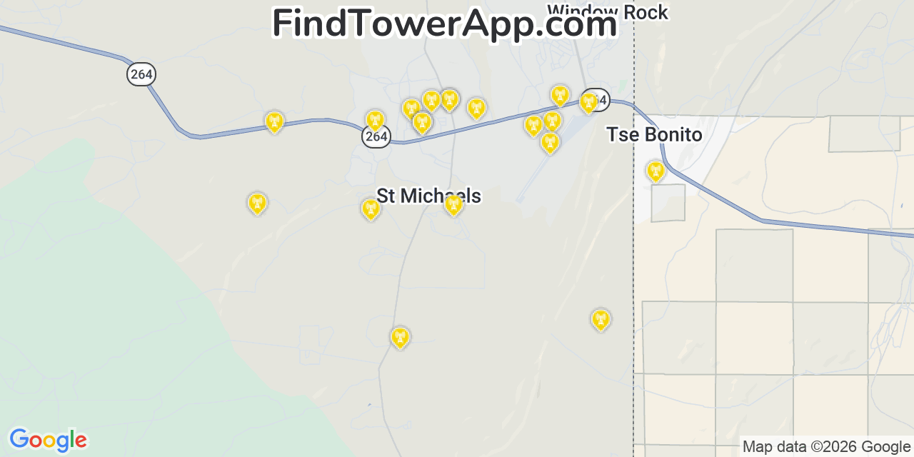 Map showing the 20 primary cell tower locations detected in Saint Michaels, Arizona from AT&T, Verizon, and T-Mobile networks