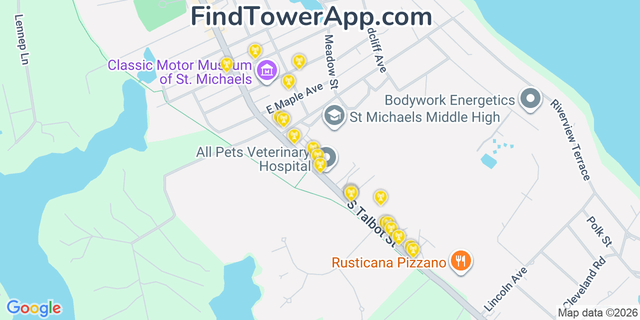 Map showing the 20 primary cell tower locations detected in Saint Michaels, Maryland from AT&T, Verizon, and T-Mobile networks